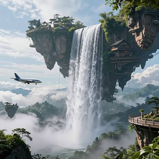 Digital artwork of a lush, tropical landscape with floating cliffs, a massive waterfall, and a plane flying nearby. Mist surrounds the base, and a wooden
