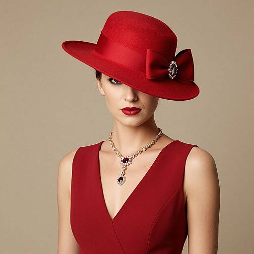 Photograph of a pale-skinned woman with red lipstick, wearing a red vintage-style hat with a bow, red sleeveless dress, and silver necklace