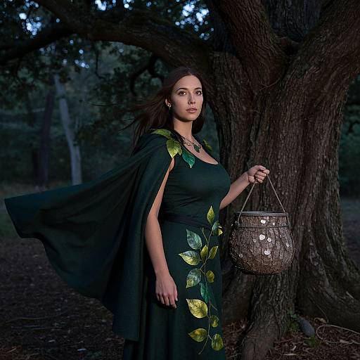 Photograph of a dark-haired woman in a black dress with green leaf patterns, wearing a black cape, holding a wicker basket, standing beside a