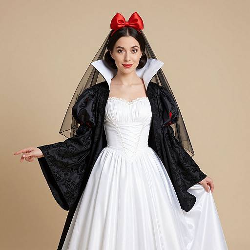 Photograph of a woman in a white strapless ball gown with a black lace jacket, sheer veil, and red bow, standing against a beige background