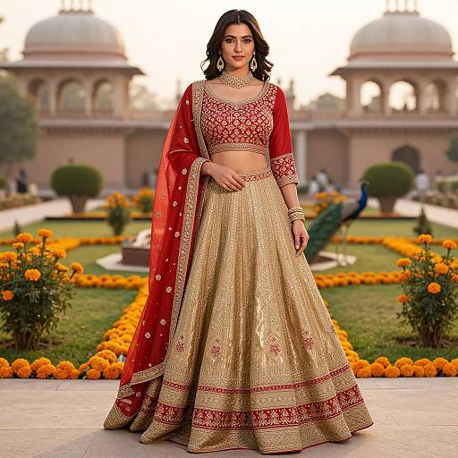 Photograph of a beautiful South Asian woman in a red and gold traditional lehenga with intricate embroidery, standing in a lush garden with domed buildings in