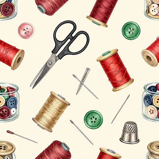 Photograph of sewing tools: black scissors, red and gold bobbins, green and red buttons, sewing needles, spool caps, on white