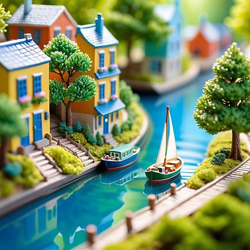 Miniature Model Canal with Boats and Houses