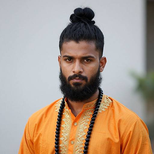 Photograph of a serious, bearded man with a top knot, wearing an orange traditional Punjabi kameez with black bead necklace, against a