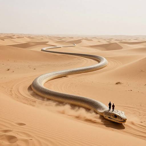 Photograph of a giant, curving snake with a textured, silver scales in a vast, sunlit desert with two small, black silhouet