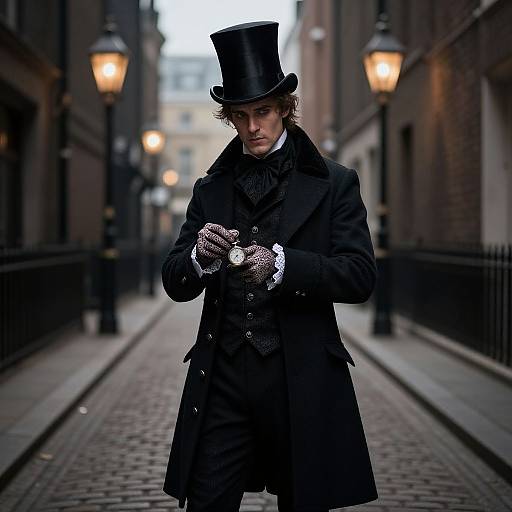 Photograph of a man in a black Victorian coat, top hat, and gloves, standing on a cobblestone street at night, with glowing street