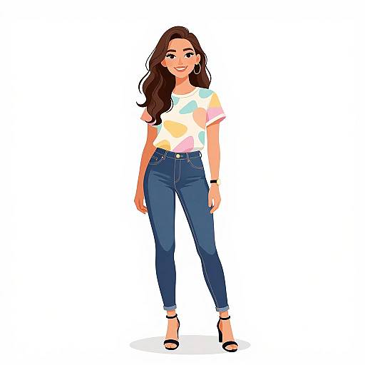 Digital illustration of a smiling woman with long brown hair, wearing a white floral shirt, blue jeans, and black sandals, standing against a white background.