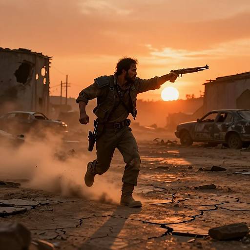 Photograph of a silhouetted male soldier with spiked hair, firing a handgun at sunset, amidst a dusty, ruined urban landscape with damaged cars