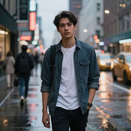 Photograph of a young Asian man with wavy black hair, wearing a blue denim jacket and white t-shirt, walking on a rainy urban street with