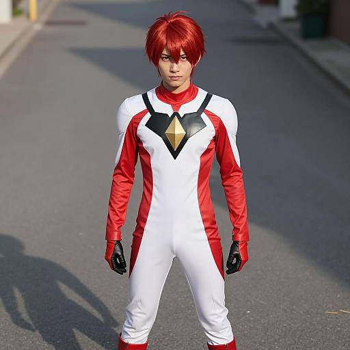 Anime-style Red Hair Superhero in White and Red Costume