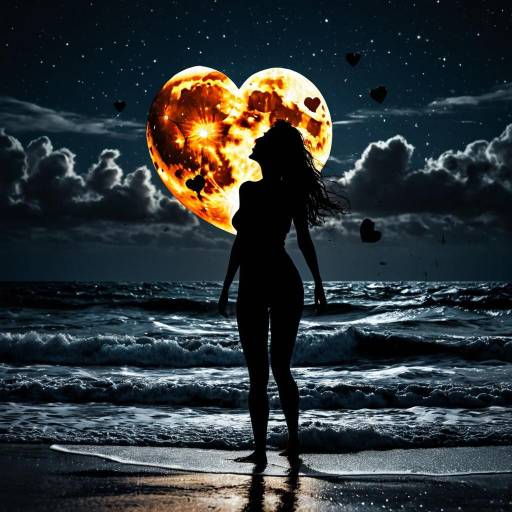 Silhouette of Woman with Heart-Shaped Orange Moon Silhouette of Woman with Heart-Shaped Orange Moon