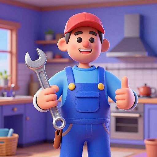 3D cartoon of a smiling man with red cap, blue overalls, holding wrench, giving thumbs up, in a bright kitchen.