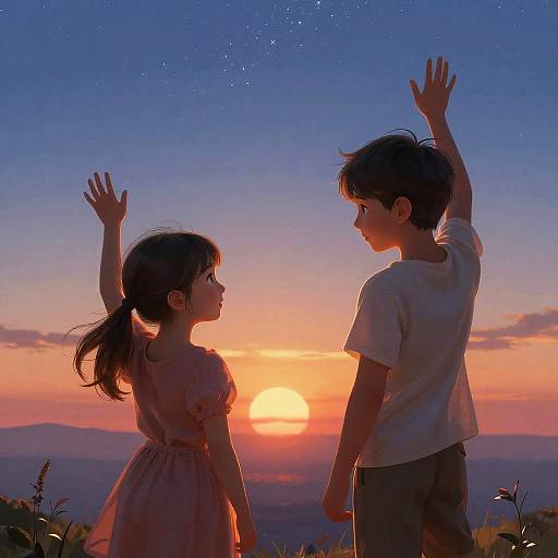 Dreamy Sunset Siblings Waving