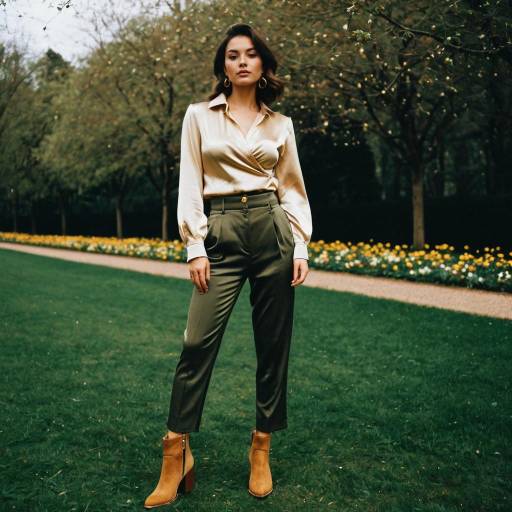 Woman in stylish blouse and trousers in park