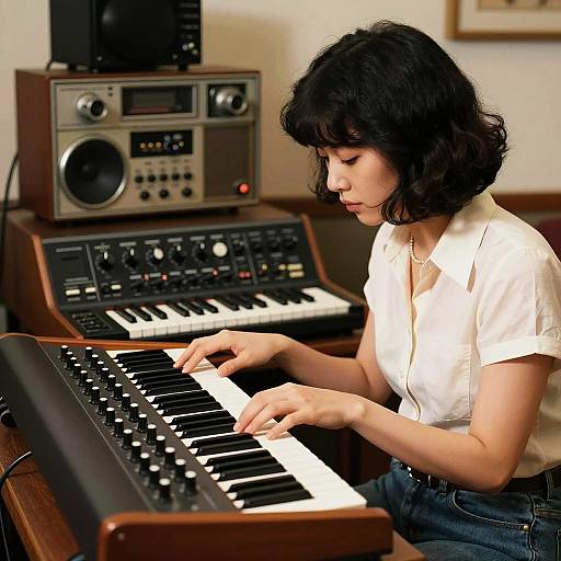 Young Woman Playing Vintage Synthesizer