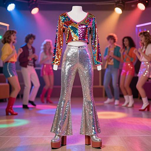 Photograph of a sparkly, multicolored sequin top and silver sequin flared pants on a white mannequin, with a blurred
