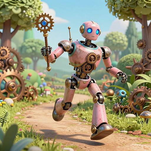 Steampunk Robot in Lush Gear Garden