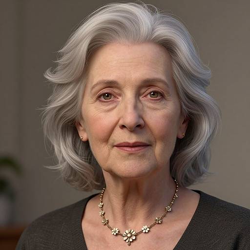 Photograph of an elderly woman with short, wavy gray hair, wearing a black top and a gold floral necklace, smiling gently, against a blurred