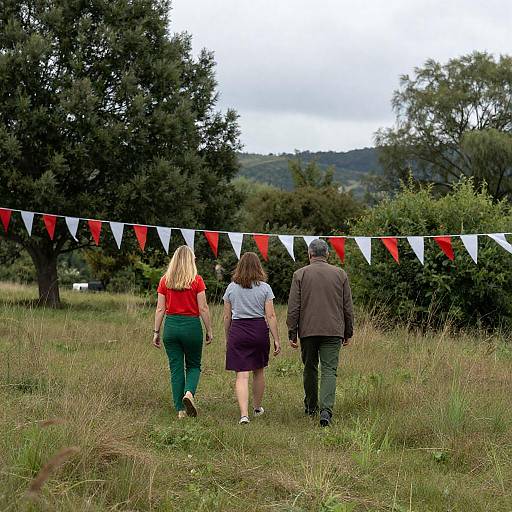 Three People Walking on Grassy Hill with Flags