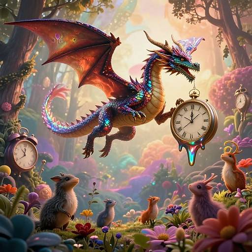 Digital fantasy artwork: A vibrant, bioluminescent dragon with blue and purple scales holds a glowing clock above a whimsical forest garden filled with colorful