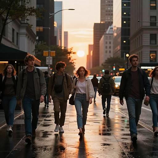 Photorealistic Bustling City Street Sunset