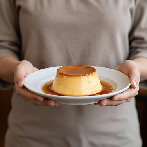 Photograph of a person in a gray long-sleeve shirt holding a white plate with a golden-brown, glossy, custard-like pudding.