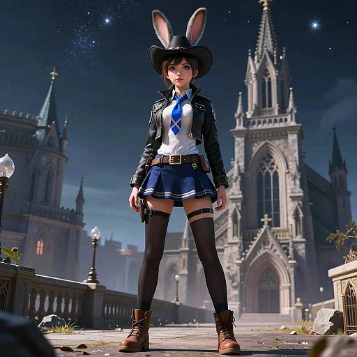 Digital artwork of a confident, anime-style girl with bunny ears, black leather jacket, blue skirt, and thigh-high socks, standing in front of a