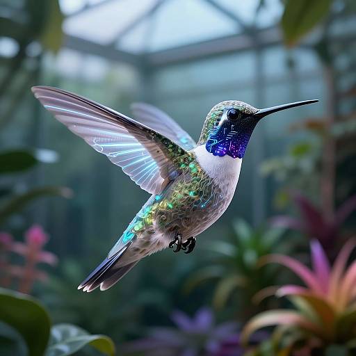 Photograph of a vibrant hummingbird with iridescent green, blue, and white feathers, mid-flight, against a blurred greenhouse background with lush green
