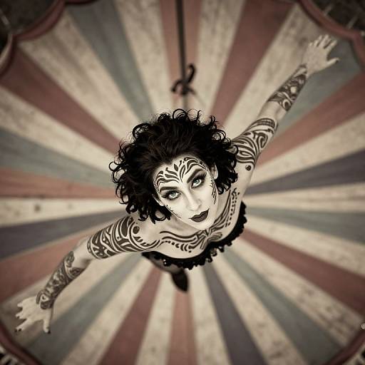 Black-and-white digital illustration of a tattooed woman with curly hair, falling with arms outstretched, against a radial striped background.