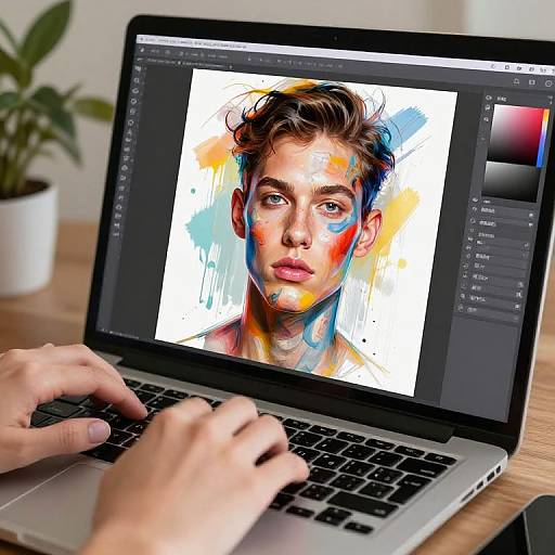 Photograph of hands typing on a laptop displaying a digital portrait of a young man with colorful face paint on a white background. Potted plant in the