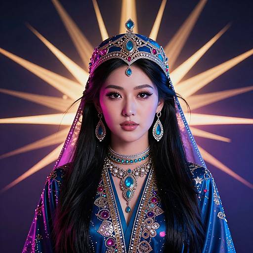 Photograph of an Asian woman in ornate royal blue attire, adorned with gold jewelry and a turquoise headpiece, standing against a radiant starburst background