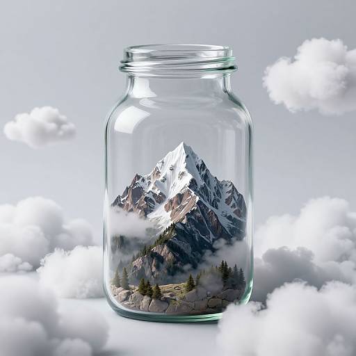 Photograph of a clear glass jar containing a snow-capped mountain, surrounded by fluffy white clouds, on a bright, gradient blue background.