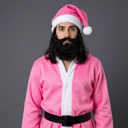 Realistic Black-Haired Boy in Pink Santa Costume