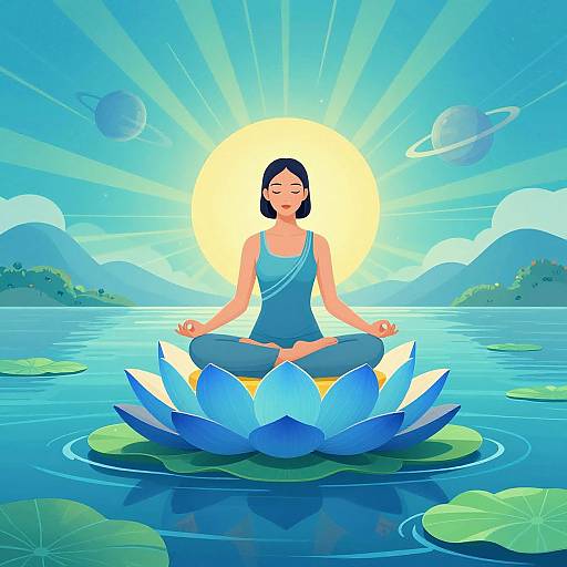 Digital illustration of a serene woman with black hair, blue outfit, meditating on a blue lotus flower in a calm lake, with mountains, planets
