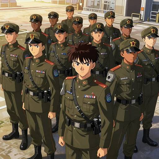 Anime-style digital drawing of a male soldier with short black hair, standing in front of a line of uniformed soldiers. All wear dark green military uniforms