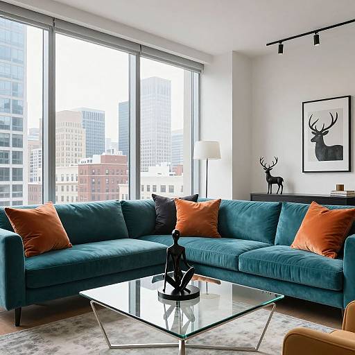 Modern living room photograph with teal velvet sofa, orange and black cushions, glass coffee table, city skyline view, deer artwork, and track lighting.