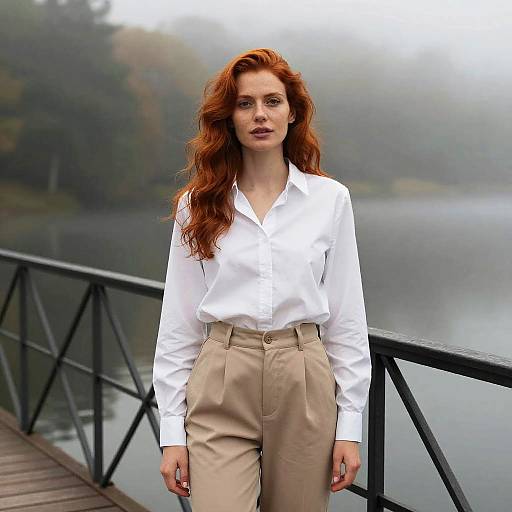 Photograph of a red-haired woman with wavy hair, wearing a white blouse and beige high-waisted pants, standing on a foggy lake