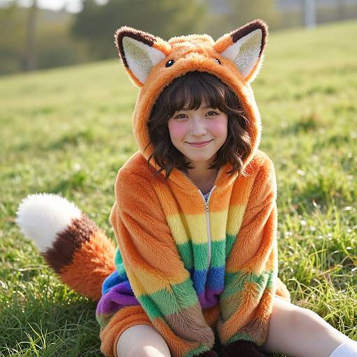 Photograph of a smiling young girl with brown hair, wearing an orange fox-themed, rainbow-striped fuzzy hoodie, sitting on grass in sunlight.