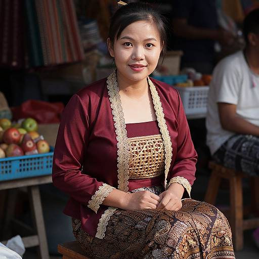 Photograph of an Asian woman with fair skin, black hair in a bun, wearing a maroon traditional dress with gold embroidery, smiling at the camera