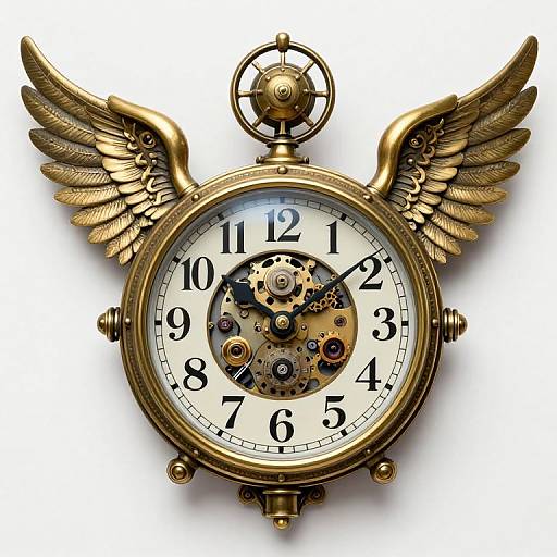 Vintage-style, brass pocket watch with gold angel wings and exposed gears, showing 12:00. White face with black numerals. Photorealistic