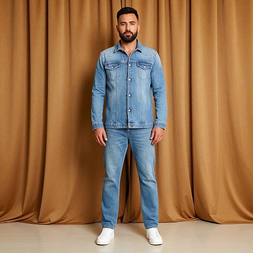 Photograph of a bearded man with medium build, wearing a blue denim jacket and pants, white sneakers, standing against tan curtains.