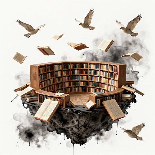 Digital artwork of a floating, cylindrical wooden bookshelf surrounded by flying books and birds, set against a white background with black ink splatters.