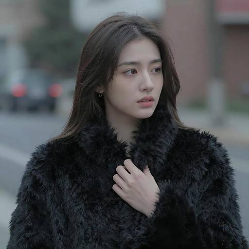 Young Woman in Black Fur Coat