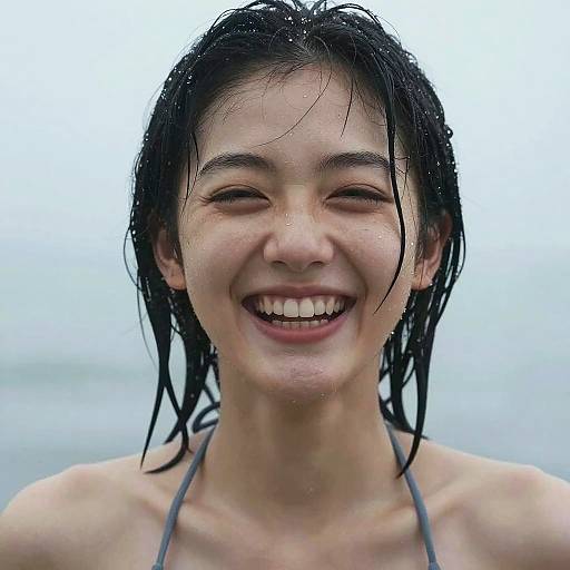 Photograph of a smiling Asian woman with wet, black, shoulder-length hair, wearing a gray halter top, against a blurred, cloudy sky background