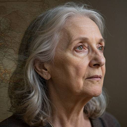 Photograph of an elderly woman with silver hair, light skin, and wrinkles, gazing thoughtfully to the right; textured background.