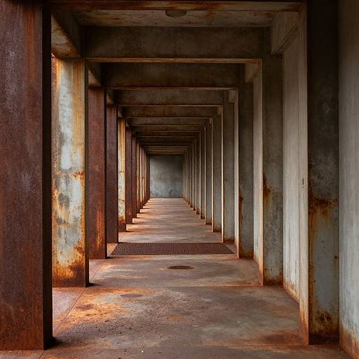 Photograph of a rusted, industrial, concrete tunnel with multiple parallel beams creating a vanishing point effect, lit by warm sunlight.