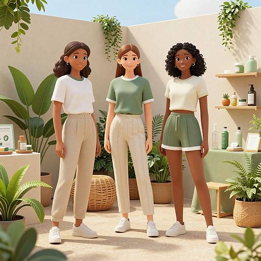 Digital illustration of three women in a sunny, plant-filled courtyard; wearing casual white and green outfits, standing side by side.