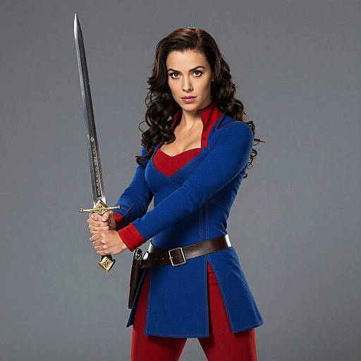 Photograph of a fierce woman with long black hair, holding a sword. She wears a blue top, red undershirt, and pants, standing