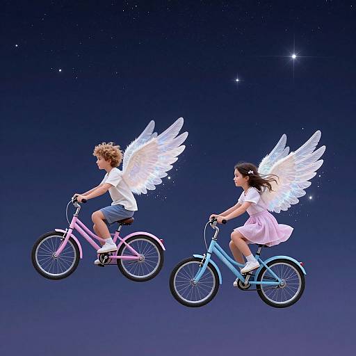 Photograph of two children with white angel wings, riding pink and blue bicycles, floating against a starry night sky.
