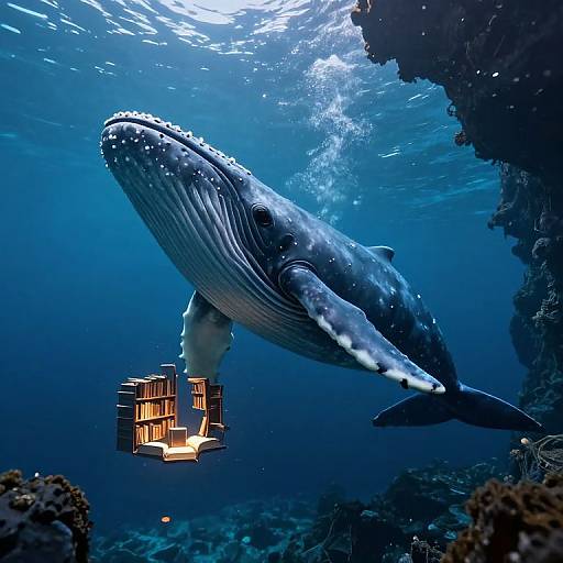 Photograph of a massive blue whale swimming near an illuminated underwater research station, surrounded by coral and dark ocean depths.